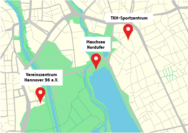 Karte mit drei markierten Standorten: TKH-Sportzentrum, Maschsee Nordufer und Vereinszentrum Hannover 96 e.V.